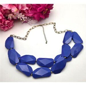 Cobalt Blue Faceted Statement Necklace Chunky Bib Beads Gold Tone 27in Adj